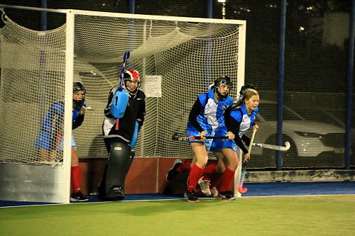 Olivia (Goalie) and the defence in a Penalty Corner.