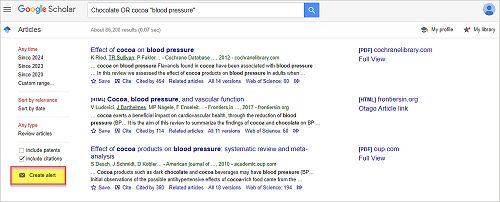 The Create Alert link is located to the left of the search results. It is the last link in the menu of options.