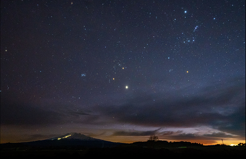 Looking East with Puaka and Matariki visible in the pre-dawn sky.