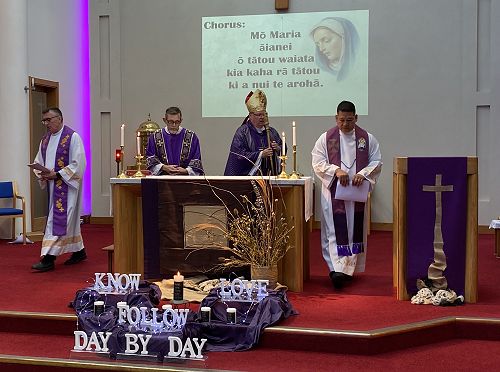 2024 Commissioning Mass in Gisborne with (l-r) Fr Mark, Deacon Mike, Bishop Richard and Fr Richard.