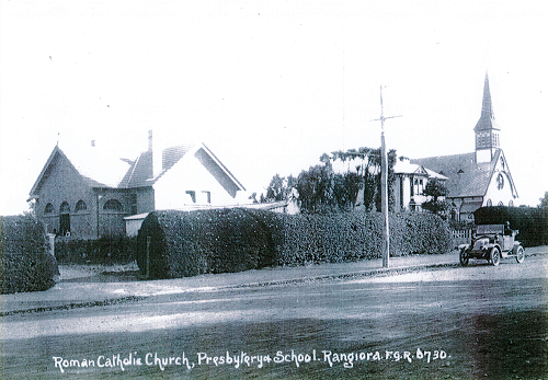 School House, Presbytery and Church on Victoria Street, Rangiora around early 1900's.