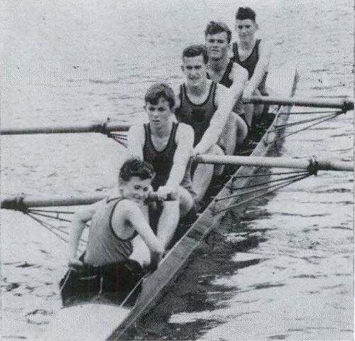 1962 Senior Rowing Four: Geoffrey Sutherland (cox), Fred Murray (stroke), Phil Kingan, Murray Giera, and Pat Quinn.