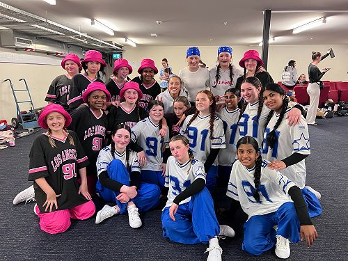 The junior crews (Collision and Titanium) backstage at the Regent with their coaches (Hermione, Sophie, Lola, and Evie).