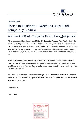 Weedons Ross Road - Temporary Road Closure from Friday 13th Sept 24