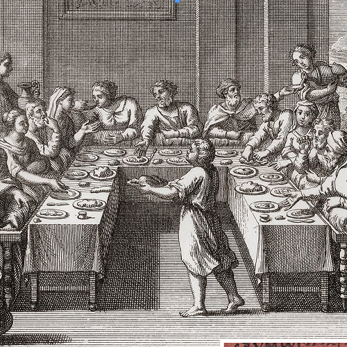 Ancient Roman Triclinium with table and couches. Unknown artist.