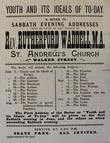 A poster advertising a series of Sunday evening addresses by Rutherford Waddell in 1895.

AJ21/3, Presbyterian Research Centre Archives