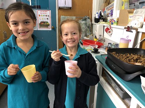 Mia and Etia really enjoyed the beans and rice. This was a Cuban dish.