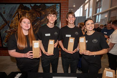 Analise Neame, Sven Teece, Seth Buckley & Lucy Bell, from 'Only Popcorn' - Innovation Award winners at the Young Enterprise Scheme Regional Finals (Absent: Tayte Hunwick)