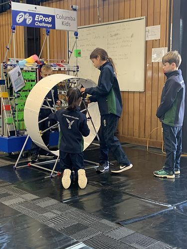 The year 5 team test their rat wheel