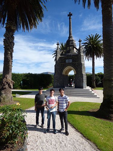 Koki, Louis and Keigo at the War Memorial in Akaroa