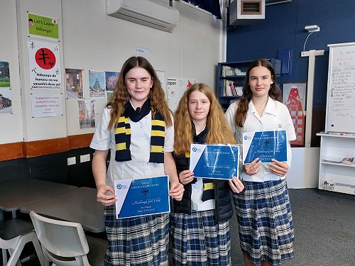 Winners of the NZALT Year 9 video category (from left to right) Izzy, Charlotte and Claudia.