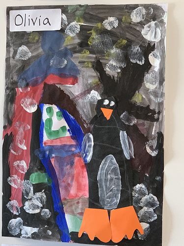 "My penguin has got lots of snow on it. I drew me with velvet hair! I'm really proud of the eyes because they're so cool! My favourite part is the penguin's body because it has blue skin." - Olivia