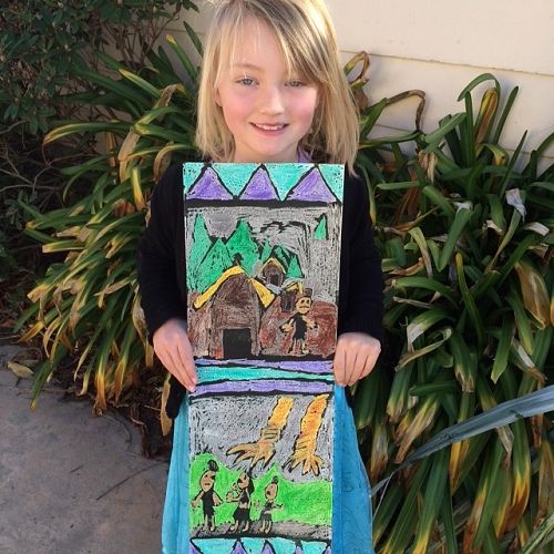 Madi and her crayon batik panel.