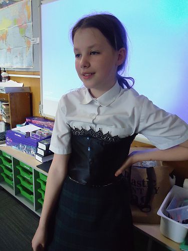 Emily Roy's pièce de résistance was a hand-sewn replica of a medieval corset. It was even laced up at the back.