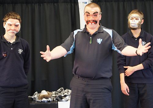 Mask Workshop with Jacob Rajan from Indian Ink Theatre Company. From left; Jamie Honey, Tom Spicer, Blake Siksik