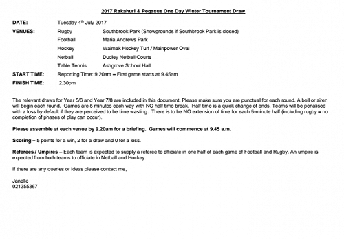 Winter Tournament Draw 2017
