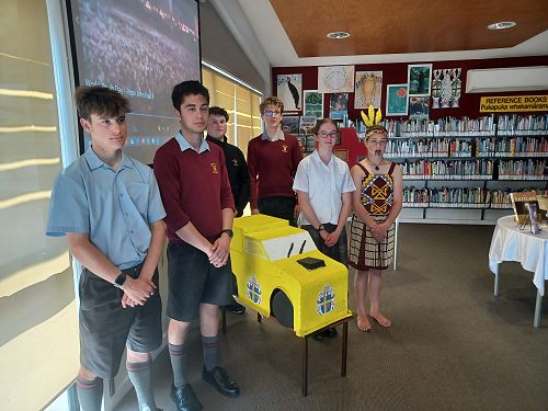 Students with the Pope Mobile