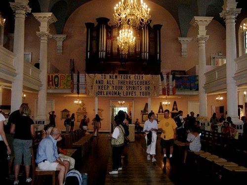 Inside St Paul's Chapel - which was spared from destruction near Ground Zero and became the centre of the relief effort.