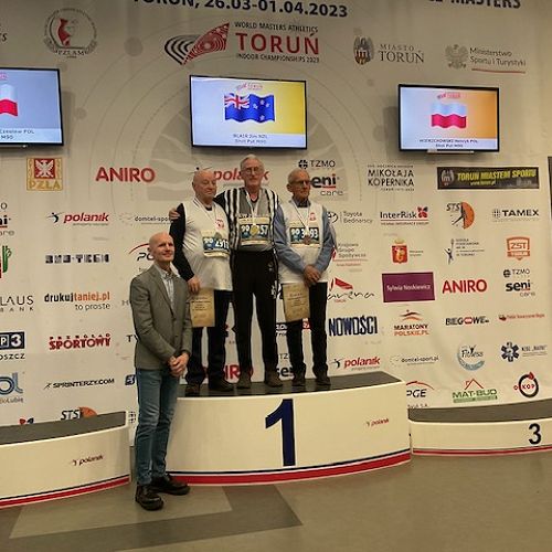 Jim Blair being awarded the gold medal for shotput at the World Masters Championships