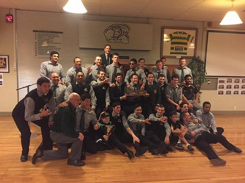 The 2016 GI Premier side celebrate winning the  Terry Murphy and Les Griffen Memorial Trophies, defeating Dunedin 43 - 20