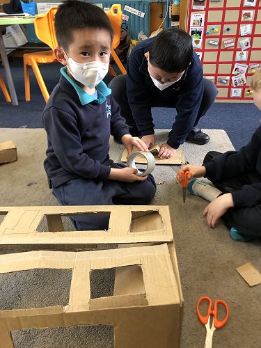 Cardboard Construction design of a transformer has lasted many weeks as it evolves. This involves many skills such as fine motor, working together, and sequencing ideas for a successful outcome.