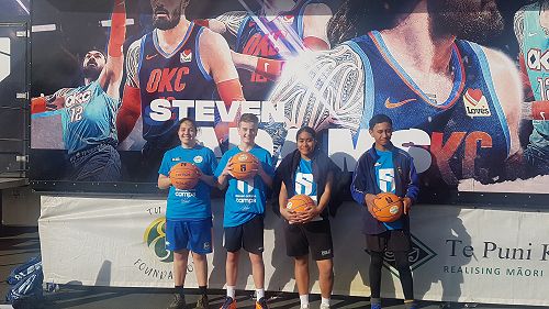 Steven Adams basketball camp attendees, Aaliyah Tiuka, Matthew Bramley, Sera Alofa and Jireh Schaumkel.