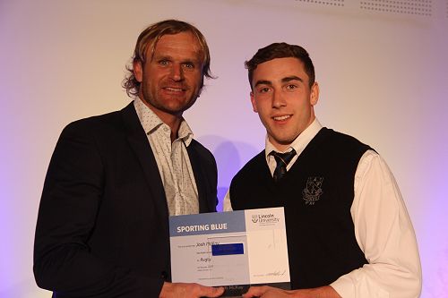 Scott Robertson presents Josh McKay with his Lincoln University Blue for Rugby