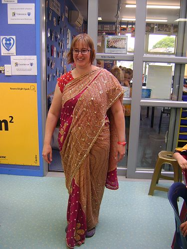Nikki Geddis dressed in a sari