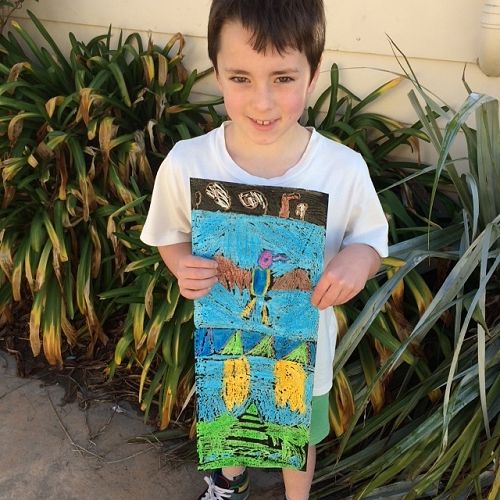 Lockie and his crayon batik panel.
