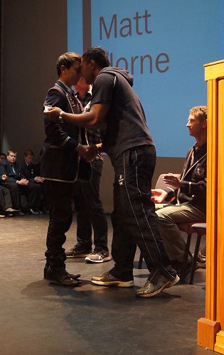 Matt Horne receives his Blue from Mr Koni