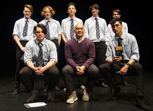 Hone and the boys. Back row; Hayden Jackson, Kirk Morris, Seb Prescott, Liam Craig and Leon Cossou. Front row; Joe Horlock, Hone Kouka and Chanse Peita (holding a copy of Waiora).
