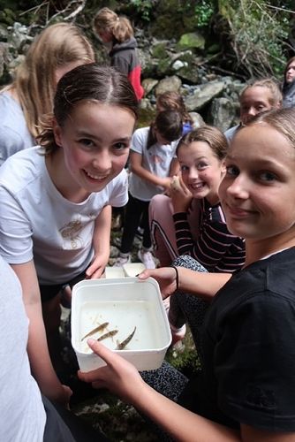 Kate Baskerville and Madi Logan Ferris looking at fish caught in
fish traps.