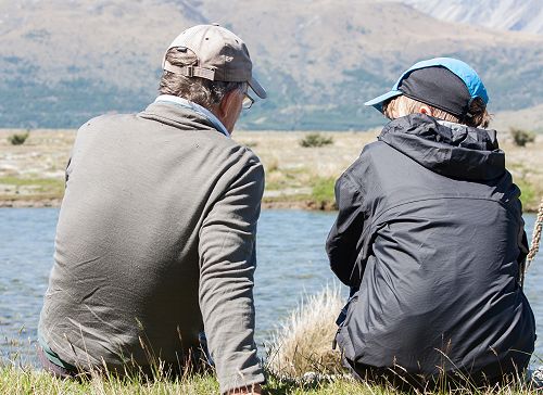 The master and the apprentice. Aka: Mr Geoff Murdoch helps out Lachlan Kenneally with some calculations to determine the river flow. 
